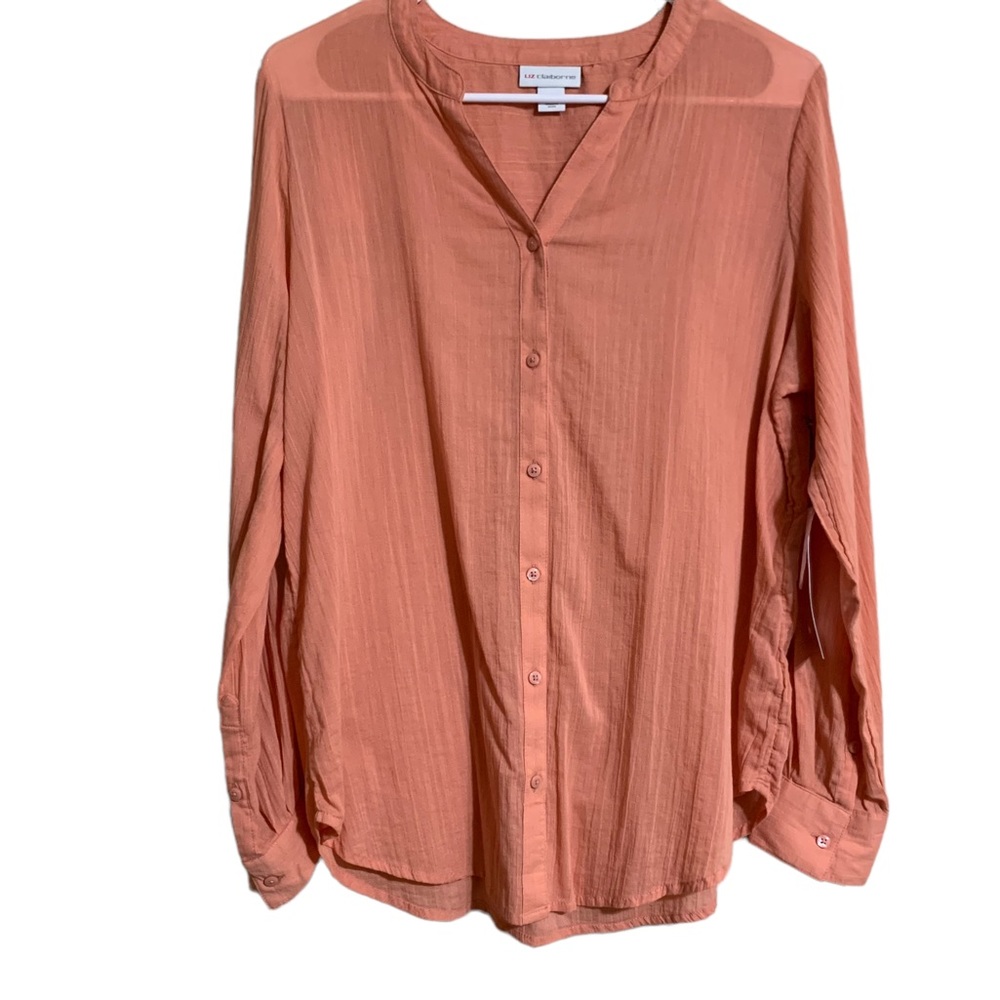 Liz Claiborne Button Down Long Sleeve Crape Top Rose Dawn Size Small NWT